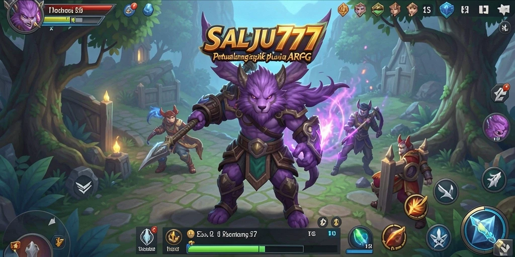 Screenshot menunjukkan pertempuran epik dalam dunia ARPG SALJU777.