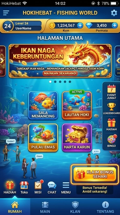 Tampilan utama aplikasi hokihebat dengan kategori yang jelas.